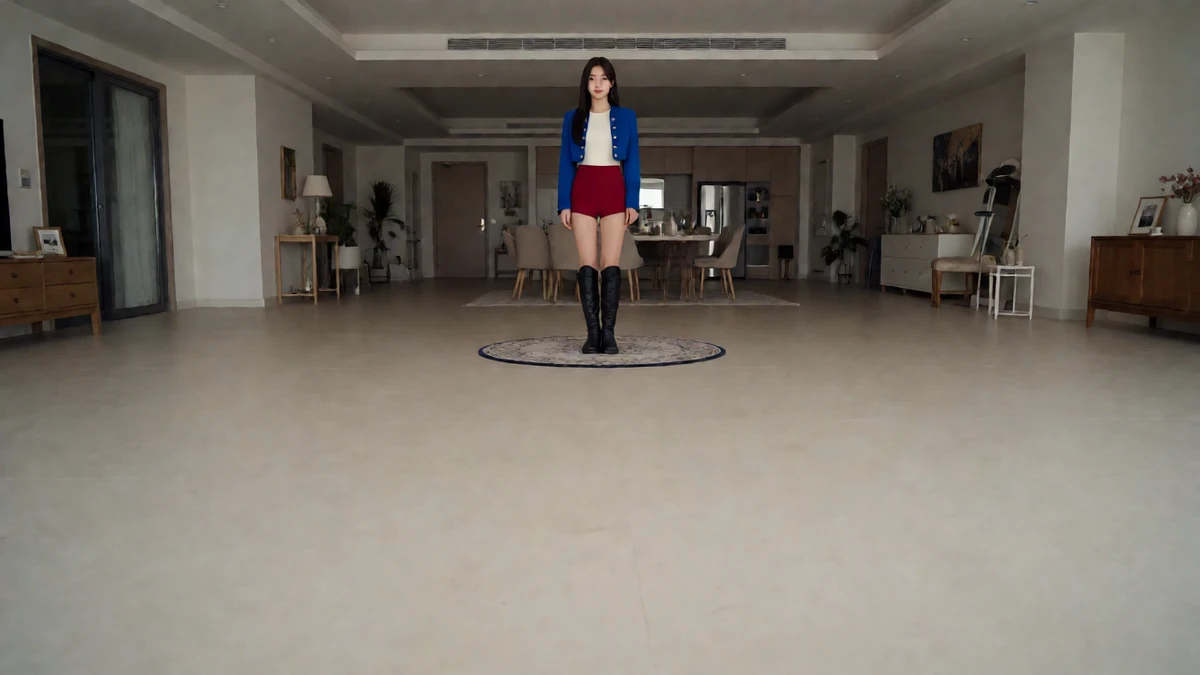 聊天场主题图:成年女主播站在宽阔的家居空间中央