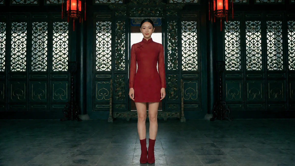 旗袍主播主题图:成年女郎穿红色旗袍站在中式花窗前